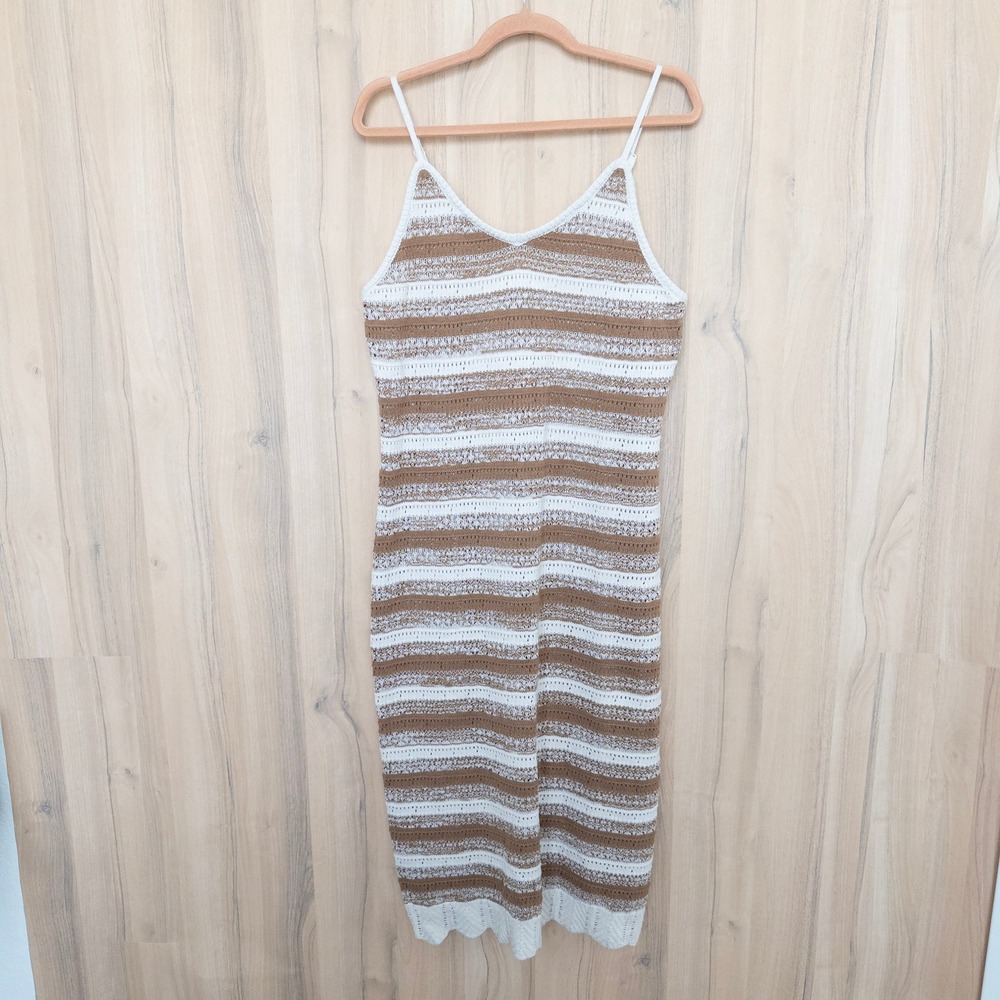 Casacabana Womens Crochet Midi‎ Dress XL Brown White Striped Boho Coastal Beachy